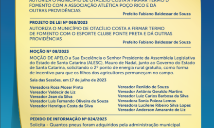 Veja projetos, pedidos e moções da sessão da Câmara de Vereadores de Otacílio Costa (19/07)
