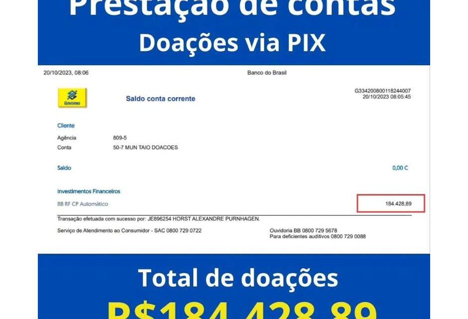 Prefeitura de Taió presta contas de valores arrecadados via Pix