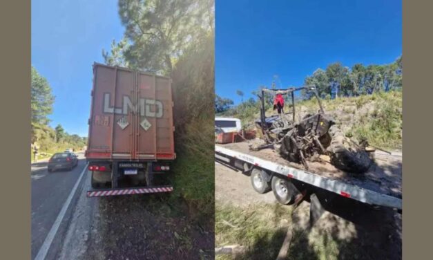 Pai e filho ficam gravemente feridos após carreta colidir contra trator na BR-282