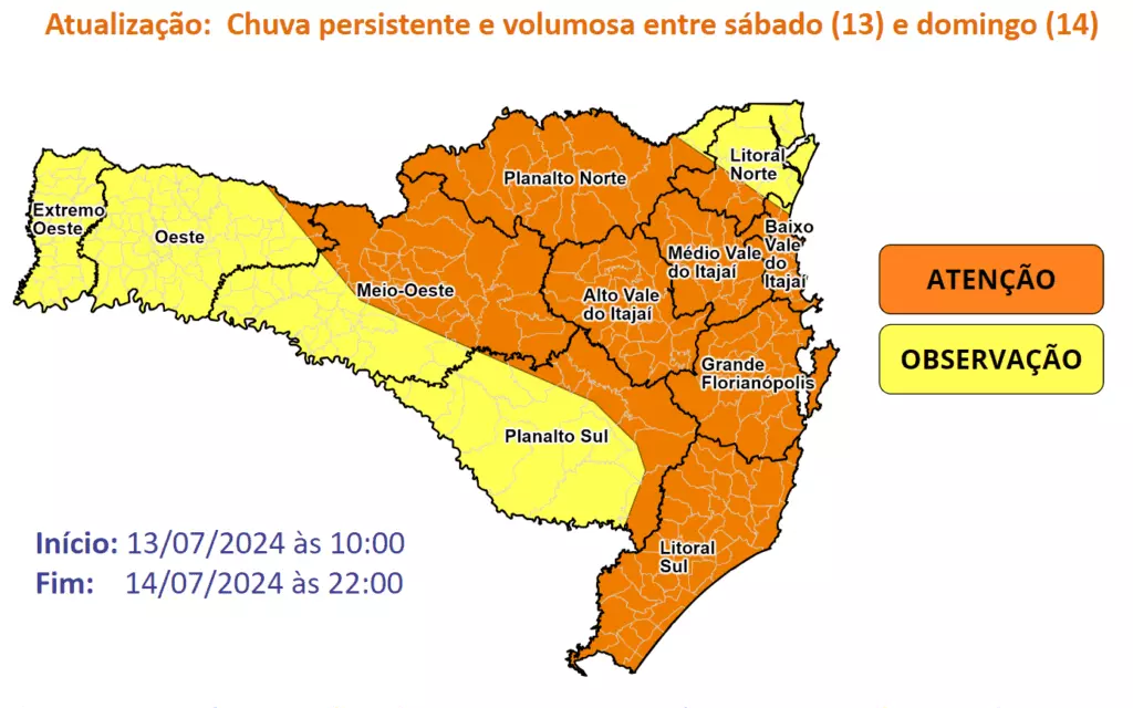 Chuva volumosa e persistente coloca regiões de SC em estado de ‘atenção’