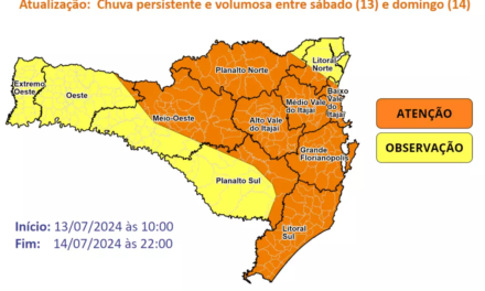 Chuva volumosa e persistente coloca regiões de SC em estado de ‘atenção’