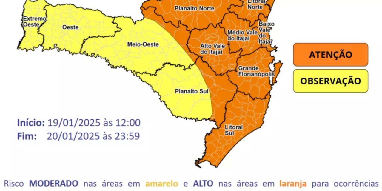 Risco alto: Defesa Civil de SC emite alerta para temporais