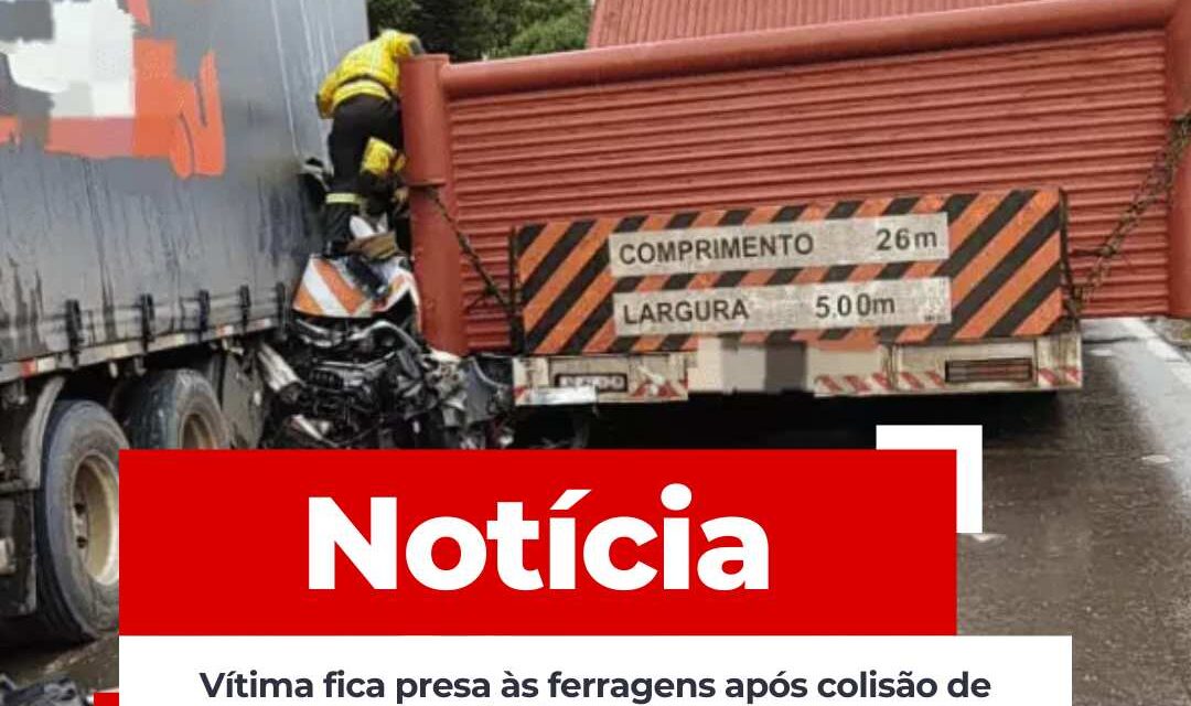 Vítima fica presa às ferragens após colisão de caminhões na BR-470